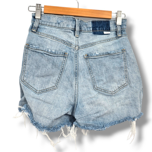 DAZE Women's Distressed Frayed Hem Button Fly High Rise Denim Jean Shorts Sz 25 - Picture 4 of 13